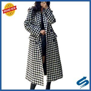 Women's Houndstooth Trench Coat Double Breasted Quilted Lined Pea Coat